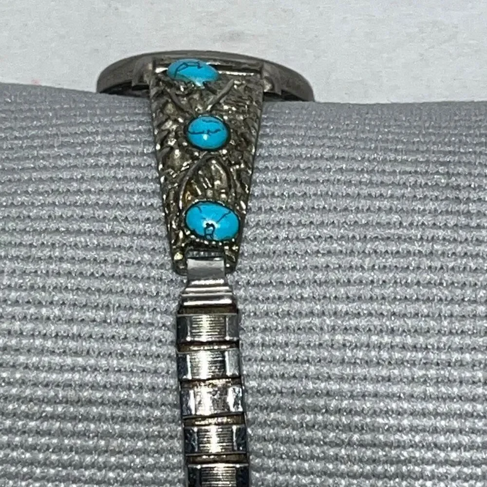 Vintage Xanadu Women's Silver Blue Faux Turquoise‎ Elastic Band Quartz Southwest